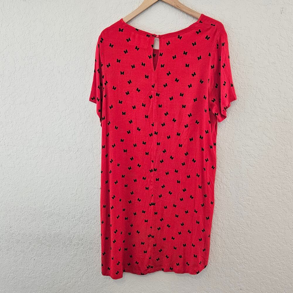 Disney Minnie Mouse Red Crepe Mini Red Shift Dress Black Bow Print Women's Sz XL - Picture 2 of 9